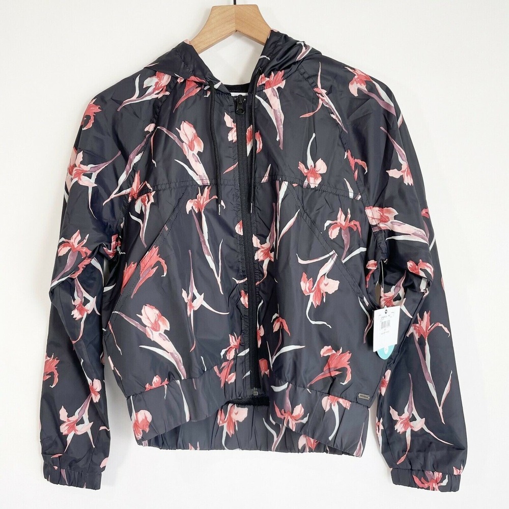 O'Neill Rainfall Hooded Jacket Womens XS Black Zip Floral Water Resistant‎ NEW